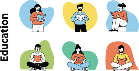 Reading education, cartoon learners, book study, knowledge growth, colorful background, student activity, learning concept, flat vector illustration