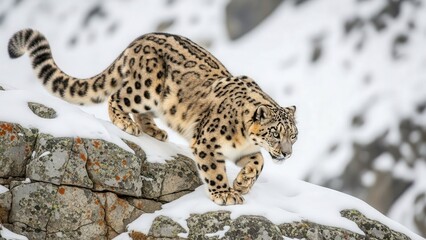 Fototapeta premium Snow leopard on rocky terrain.