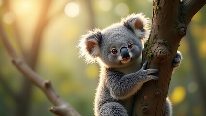 A koala perched on a tree branch in a serene forest at sunrise with a blurred background
