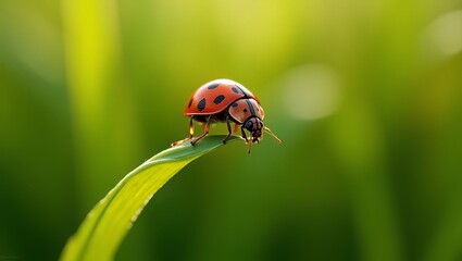 A ladybug perched on a curved green leaf in a lush garden viewed from a slight angle