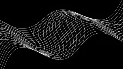 Abstract white wavy grid lines flowing across a dark void.