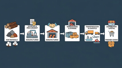 Supply chain process from raw materials to finished goods delivery