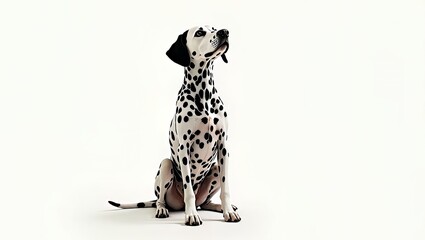 A dalmatian dog sitting and looking upwards on a plain white background
