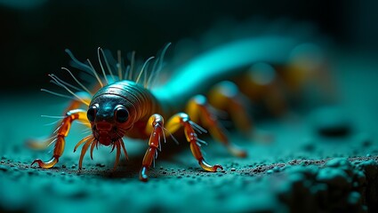 A close-up view of an orange centipede with long antennae on a teal textured surface in a dark environment.