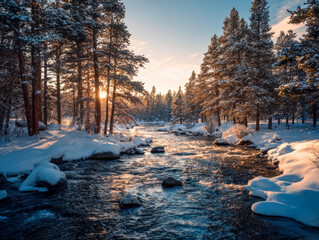 Winter river flowing through a snow-covered forest with sunlight filtering through tall pine trees during a serene sunset scene in nature
