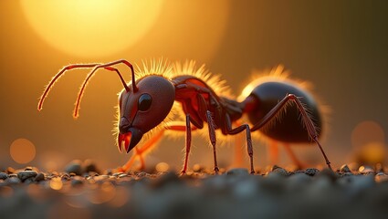A red ant stands on the ground with its antennae raised, illuminated by the warm glow of the setting sun.