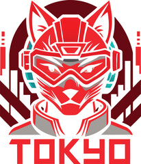 Red mecha kitsune fox warrior with futuristic tokyo typography