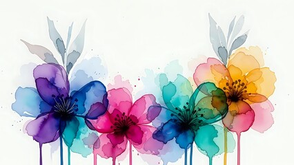 Obraz premium Watercolor flowers in vibrant colors with leaves on white background. Abstract floral art with paint splashes for spring designs and decorations.