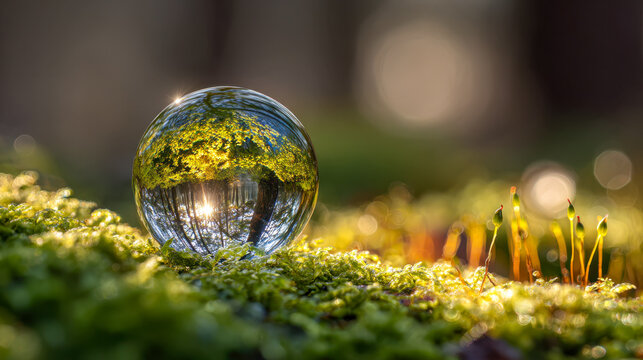 Reflective glass sphere resting on green moss captures sunlight and tree silhouettes in a serene forest setting with vibrant natural bokeh background effects - Powered by Adobe