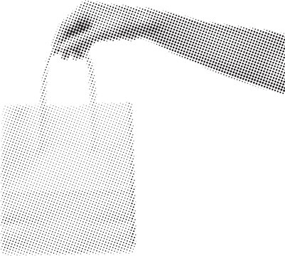 A pixelated half tone dots image of a hand holding a plane shopping bag halftone, duotone collage vector illustration. Vintage dotted textured mockup. Isolated on transparent background.