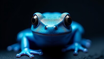 A blue frog with large eyes staring directly at the camera in a dark environment