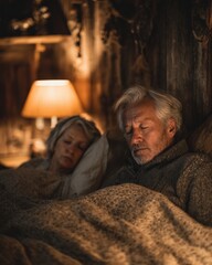 Cozy Rustic Cabin Scene with Elderly Couple Peacefully Sleeping in Warm Sweaters Under Soft Blankets by a Softly Lit Lamp