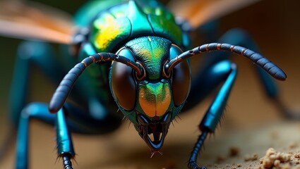 A vibrant blue wasp's face viewed closely on a brown surface