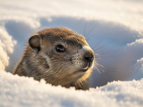 Groundhog Peeking Out of Snow Burrow on a Sunny Winter Morning