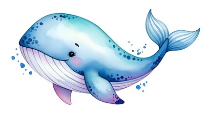 Obraz premium Cute watercolor whale with blue gradient colors and bubbles isolated on transparent background for children design and marine themed projects.