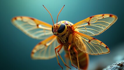 A vibrant orange moth spreads its delicate transparent wings with intricate patterns in a close-up view against a blurred green background