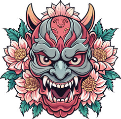 Angry teal hannya demon mask with decorative floral elements