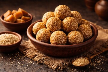 Traditional Indian Sesame Seed Balls known as Til Ladoo in a Clay Bowl for Makar Sankranti Festival