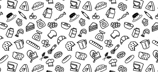 bakery doodle hand drawing cute seamless pattern background, cake cupcake bread loaf, toast wallpaper