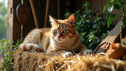 A serene cat resting on a hay bale surrounded by lush greenery in a rustic barn setting