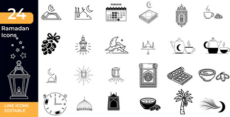 A comprehensive set of 24 line art and solid icons representing various aspects of ramadan celebrations