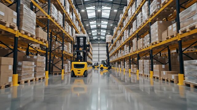 Warehouse storage with forklift moving goods logistics distribution center