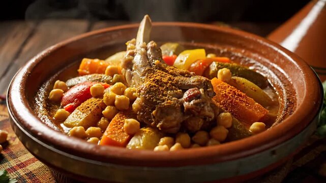 Steaming hot tagine with lamb, chickpeas, carrots, and vegetables in a traditional clay pot on a rustic wooden table with warm, earthy tones.