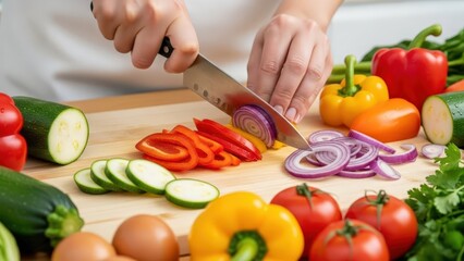 Hands cutting vegetables on board.
