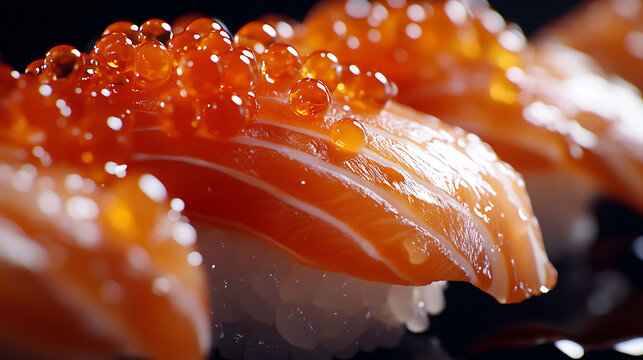 Macro close up of fresh salmon nigiri sushi topped with translucent salmon roe ikura showing sashimi texture and gloss Japanese fine dining food detail on black background suitable for seafood restaur