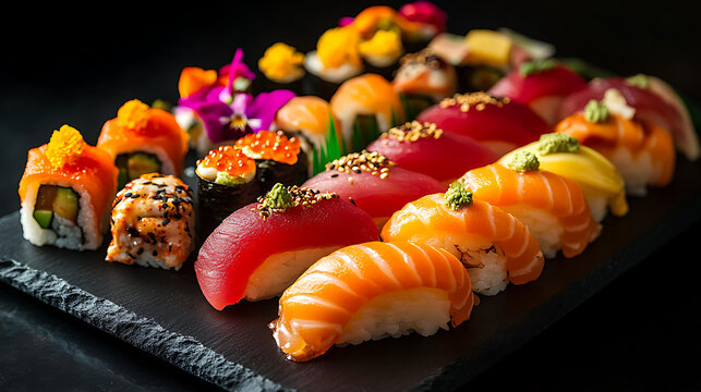 Luxury assorted sushi platter set featuring fresh salmon and tuna nigiri California roll and gunkan with edible flower decoration on black slate background Japanese cuisine feast suitable for buffet a