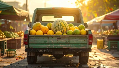 Pickup truck bed filled with assorted melons, large yellow melon in center, outdoor market scene with vendor stalls.