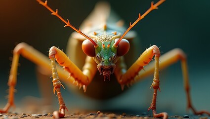 A vibrant insect stands prominently on the ground, its colorful body and multiple legs captured in a detailed close-up shot.