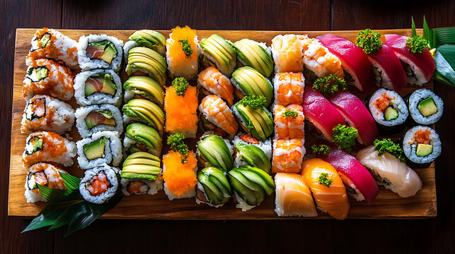 Full frame top view luxury assorted sushi platter featuring avocado caterpillar roll salmon and tuna nigiri neatly arranged on wooden board colorful Japanese seafood cuisine feast background

