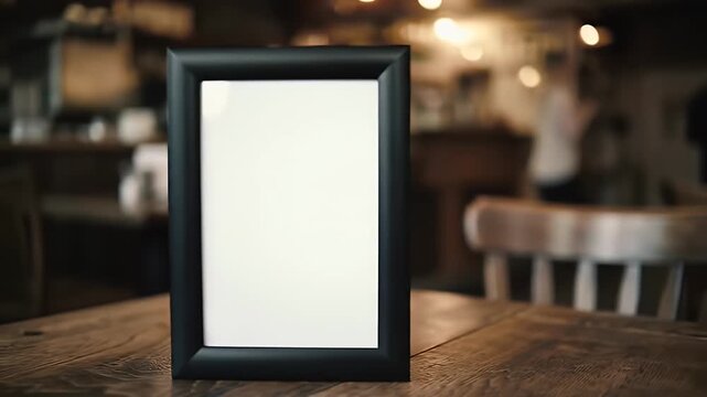 Black Menu Frame On Wood Table In Restaurant With Soft Lighting And Blurry Patrons