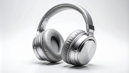 Silver over-ear headphones with cushioned ear cups and padded headband on white background.