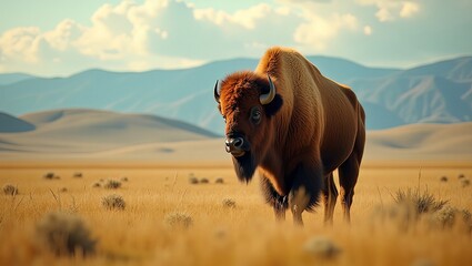 A majestic bison roaming in the open plains surrounded by rolling hills under a serene sky