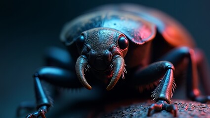 A close-up view of a stag beetle with metallic sheen on a dark surface