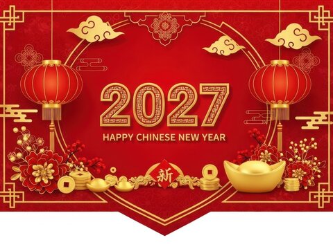 Happy Chinese New Year 2027 Celebration Banner with Red Lanterns and Gold