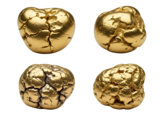Shiny gold nugget collection with cracked metallic texture isolated, realistic luxury mineral illustration set on transparent background