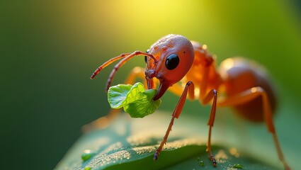 A close-up view of an ant carrying a leaf on a green leaf in a natural environment