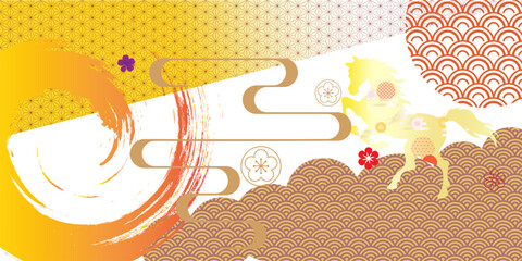 Abstract Chinese New Year 2026 Banner with Golden Horse Silhouette, Orange Brush Stroke, Traditional Clouds, Seigaiha Waves, and Geometric Patterns for Oriental Holiday Backdrop Design
