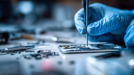 Technician wearing protective gloves carefully repairing a modern smartphone circuit board with precision tools on a cluttered workbench in a bright workspace