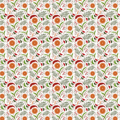 Floral Pattern With Orange Flowers And Green Leaves For Background Or Textile Design