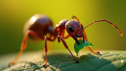 A close-up view of an ant carrying a leaf fragment on a leaf surface in a sunny green environment
