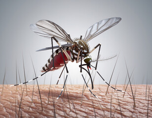 Chikungunya virus concept, mosquito biting human skin, dramatic lighting, health risk awareness.