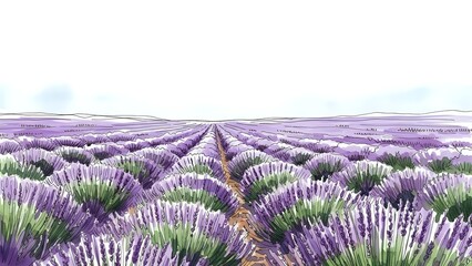 Fototapeta premium Endless rows of blooming lavender field stretching to horizon under soft cloudy sky, creating peaceful rural landscape for aromatherapy and wellness designs.
