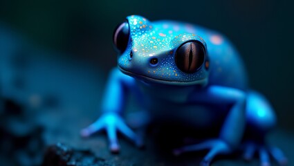 A blue frog with large eyes sits on a dark surface in a dimly lit environment from a close-up viewpoint