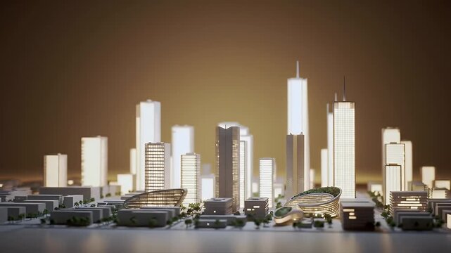 White Cityscape Architectural Model on Table with Golden Ambient Background