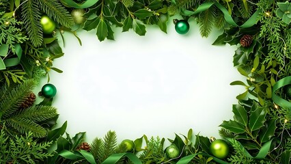 Christmas frame border design with fir branches, festive balls, snow, and holiday decorations