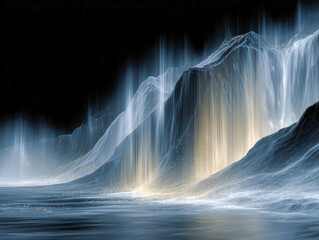 Ethereal cascading light waves flowing down abstract mountainous formations with glowing highlights and luminous mist over calm water surface at night